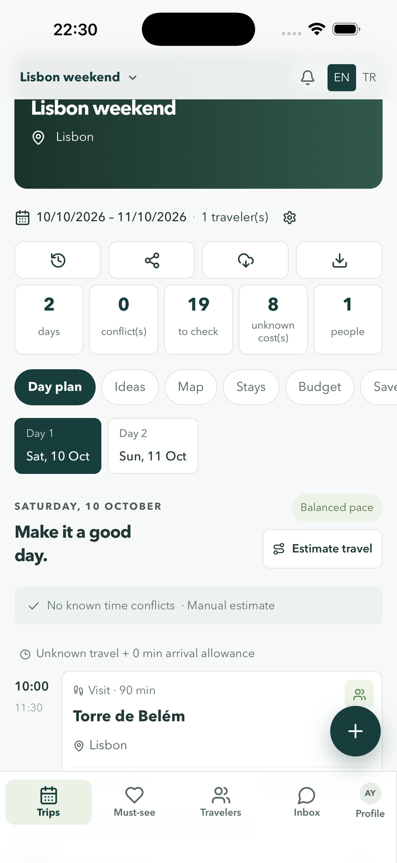Day plan with stops and times